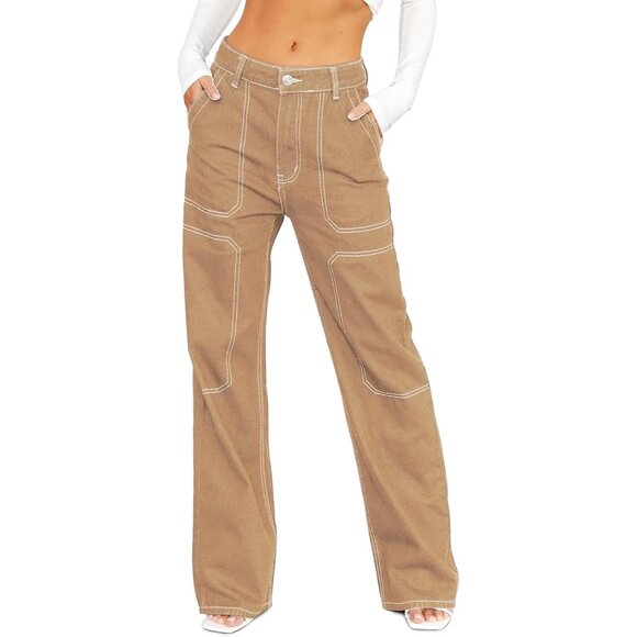 Denim - Women's Cargo Jeans Khaki Size 8 Wide Leg Casual Loose Denim Pants